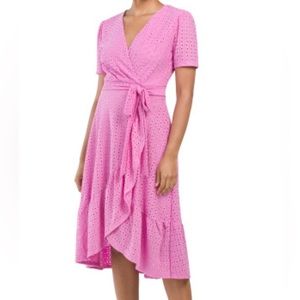 London Times pink faux-wrap eyelet midi dress - NWT